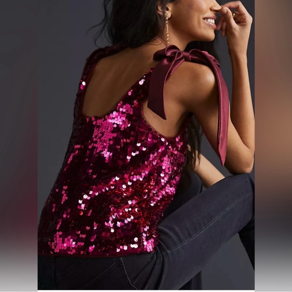 Anthro Maeve pink sequined bow strap tank top.